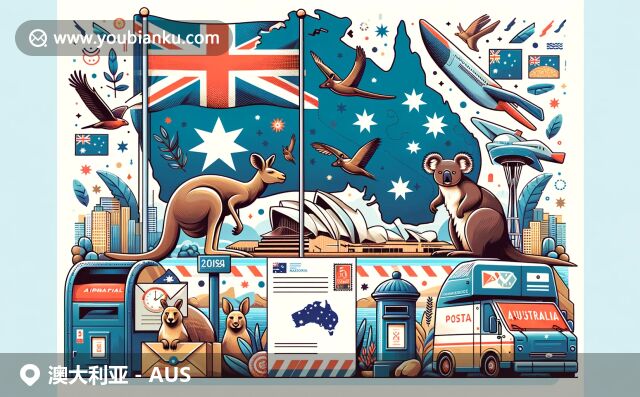 澳大利亞地域及郵政特色融合：國(guó)旗、歌劇院、野生動(dòng)物和原住民文化，裝飾有主題郵票的信封與明信片
