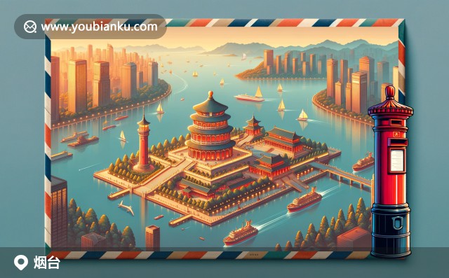 煙臺(tái)海濱城市特色，煙臺(tái)山燈塔和蓬萊閣與航空信封和郵政元素交相輝映