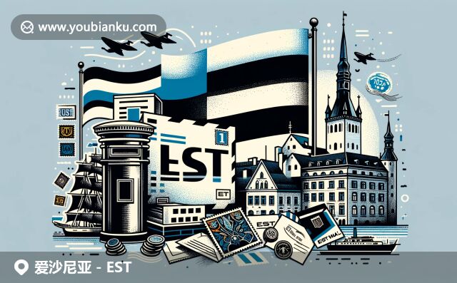 現(xiàn)代插畫展現(xiàn)愛沙尼亞地域與郵政特色，國旗、塔林老城剪影、明信片、航空郵件元素，完美融合