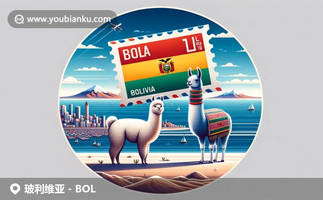 玻利維亞獨(dú)特地域與郵政元素完美融合，航空郵件信封懸于烏尤尼鹽湖，郵票融合國(guó)旗色彩與泰提卡卡湖紋樣，美洲駱駝穿安第斯傳統(tǒng)服飾，背景為拉巴斯城市輪廓