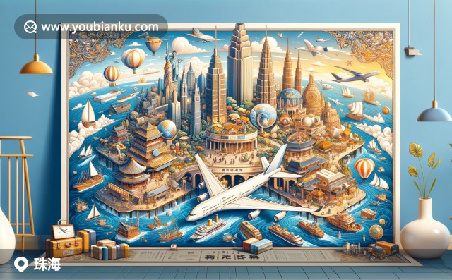 珠海地標(biāo)與自然美景的結(jié)合，航空信封展示長(zhǎng)隆海洋王國(guó)、圓明新園和海島風(fēng)光，融入郵政編碼與海鷗飛翔