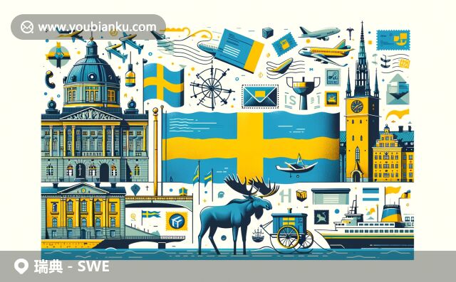 瑞典藍(lán)黃國(guó)旗、斯德哥爾摩景觀、麋鹿與郵政元素共構(gòu)豐富畫面