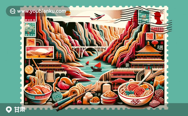 甘肅省敦煌莫高窟壁畫、鳴沙山月牙泉景觀和嘉峪關(guān)關(guān)城地標(biāo)，融合中國風(fēng)郵政元素