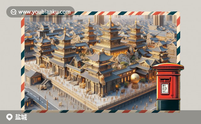 現(xiàn)代藝術(shù)描繪出鹽城地域特色與郵政文化，展示地標(biāo)雕塑、海岸線和郵筒