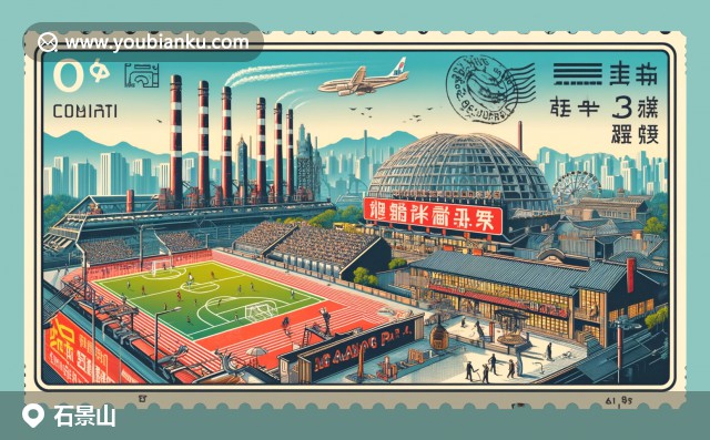 北京石景山區(qū)插畫：航空信封上的郵票展示游樂園摩天輪和八大處公園，郵政編碼100000，展現(xiàn)區(qū)域娛樂與歷史文化