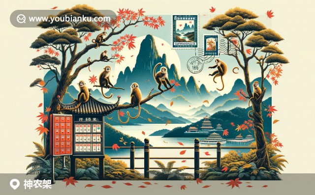 神農(nóng)架自然美景與郵政文化融合，展現(xiàn)神農(nóng)頂山峰和野生動(dòng)物，獨(dú)特而神秘的景象