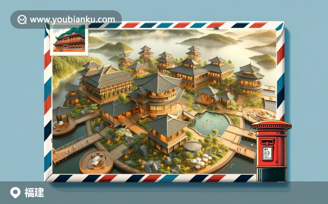 福建特色文化與郵政元素的完美融合，展現(xiàn)土樓、武夷山與福州魚丸，郵票、明信片和郵筒元素兼具現(xiàn)代藝術(shù)風(fēng)格