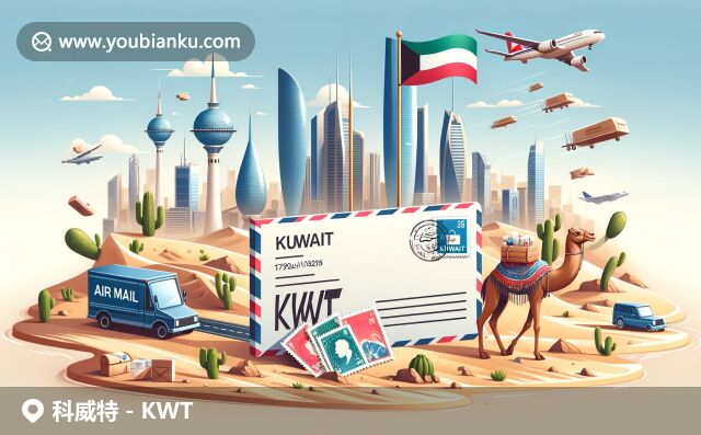 科威特郵政編碼網(wǎng)頁(yè)設(shè)計(jì)，科威特塔和沙漠景觀融合，駱駝郵差手拿航空信封，印有科威特郵票和國(guó)旗