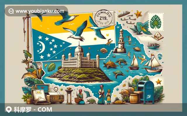 科摩羅自然和文化的豐富展現(xiàn)，融合地標(biāo)、野生動(dòng)植物和傳統(tǒng)元素，在明信片風(fēng)格中展示郵政特色