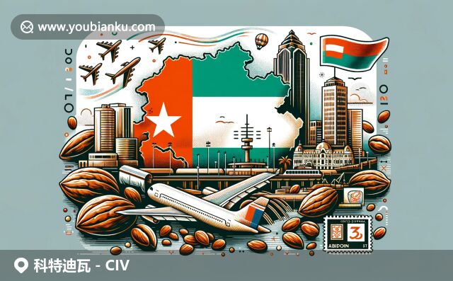 象牙海岸郵政編碼網(wǎng)頁設(shè)計(jì)，展現(xiàn)國旗、阿比讓天際線、可可豆和科莫埃國家公園，融合航空信封與郵政元素