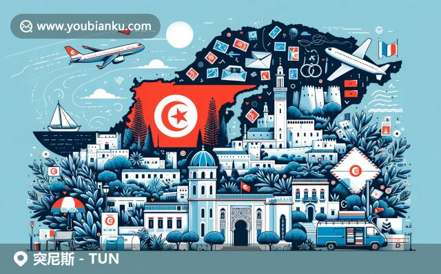 突尼斯國(guó)旗、Sidi Bou Said小鎮(zhèn)和卡圖哈古城遺址交相輝映，橄欖樹(shù)點(diǎn)綴其間，明信片、郵票和郵車等郵政元素點(diǎn)綴其間