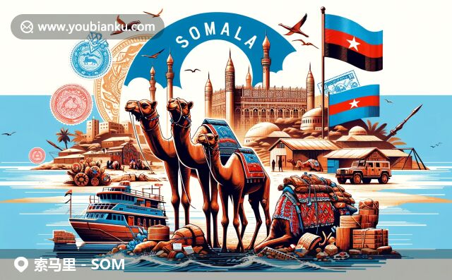 索馬里獨特的文化與郵政元素融合，展現(xiàn)海岸風(fēng)光、摩加迪沙建筑和豐富生態(tài)，傳統(tǒng)文化與現(xiàn)代設(shè)計完美交融