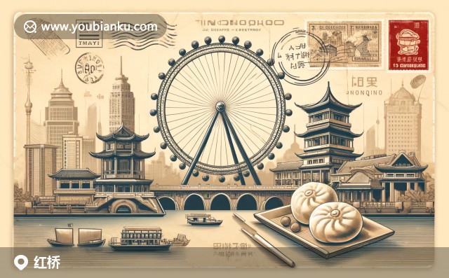 現(xiàn)代插畫風(fēng)格的天津紅橋區(qū)，展示天津之眼摩天輪、狗不理包子及郵政郵筒，象征地方美食與歷史文化