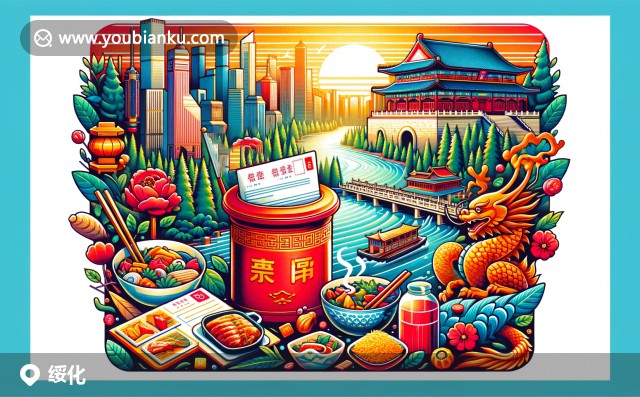 綏化地方特色與郵政元素的完美融合，展示明水年糕和蘭西酸菜，金色水稻田背景突顯農(nóng)業(yè)豐收