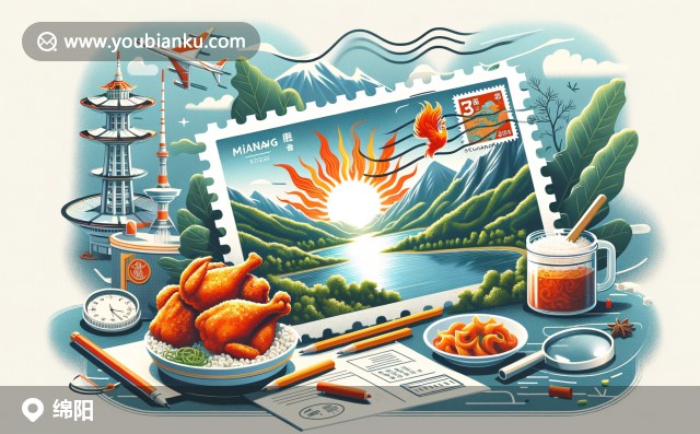 綿陽(yáng)標(biāo)志性景點(diǎn)富樂(lè)山、越王樓和涪江融入明信片，伴隨郵政元素如郵票和郵戳