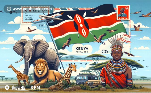 現(xiàn)代插畫展現(xiàn)肯尼亞特色，地域文化與郵政元素完美融合：國旗、野生動(dòng)物、馬賽族戰(zhàn)士裝束、航空郵件