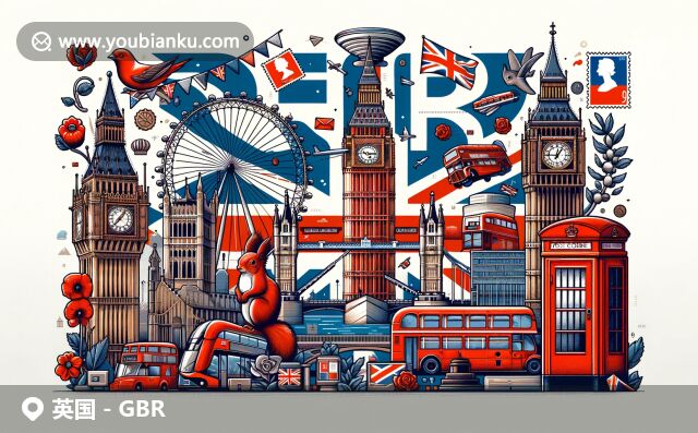 英國現(xiàn)代插畫風格郵政特色設計，融合Union Jack和倫敦地標，展現(xiàn)郵政文化與地域特色