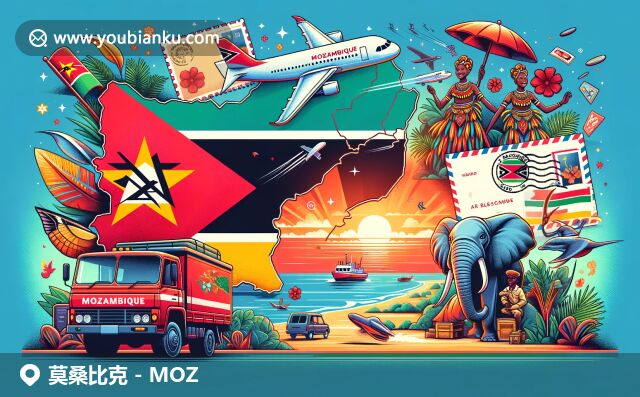 現(xiàn)代藝術(shù)描繪莫桑比克風(fēng)情，郵政元素與傳統(tǒng)文化相融合，展現(xiàn)海岸線和猴面包樹景觀
