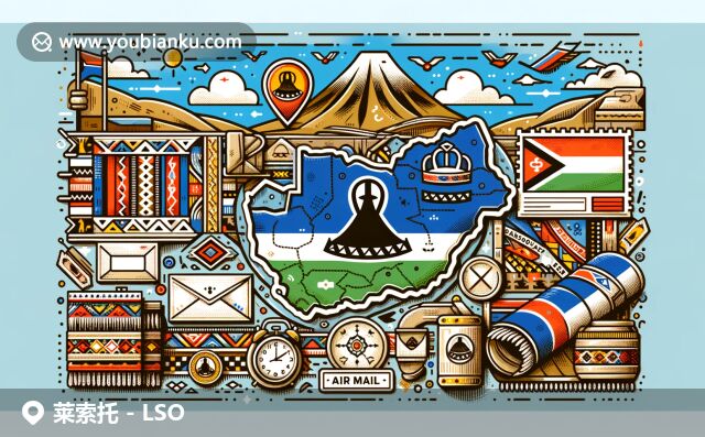 萊索托王國地域特色與郵政元素完美融合，展現(xiàn)國旗、地圖、山峰和毛毯，傳遞現(xiàn)代網(wǎng)頁設(shè)計理念