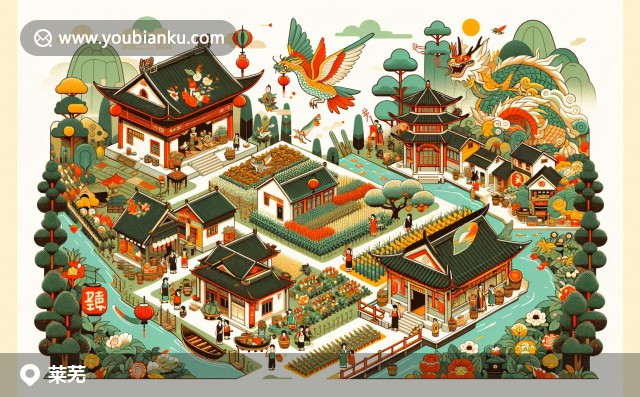 萊蕪生姜、吉山黑雞和綠色鄉(xiāng)村的地方特色插圖，結(jié)合郵政元素展現(xiàn)地方風(fēng)貌與郵政特色