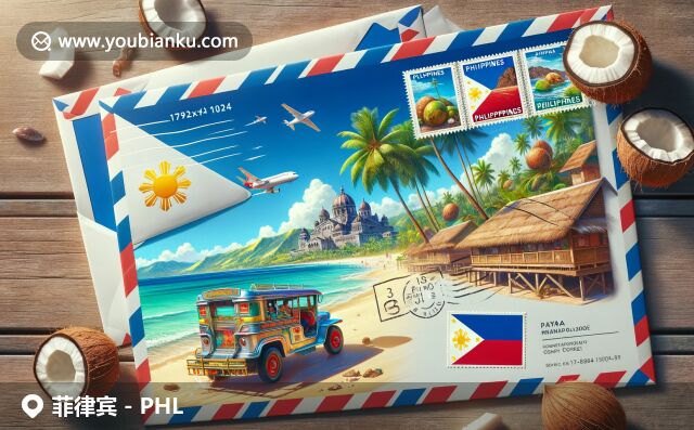 菲律賓地域特色的明信片與航空信封，融入巧克力山、馬尼拉大教堂和吉普尼車郵票，展現(xiàn)熱帶風(fēng)情