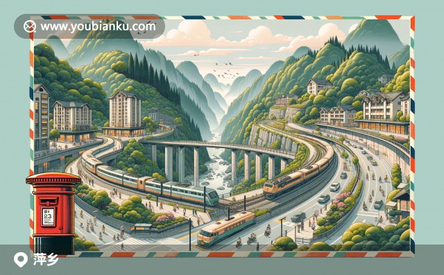 現(xiàn)代插畫展現(xiàn)萍鄉(xiāng)地域特色與郵政元素，融合武功山景觀、特色美食和礦工紀(jì)念館