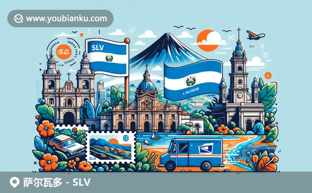 融合薩爾瓦多郵政與地域特色，展現(xiàn)國旗與圣薩爾瓦多大教堂，伊洛潘戈火山和傳統(tǒng)服飾