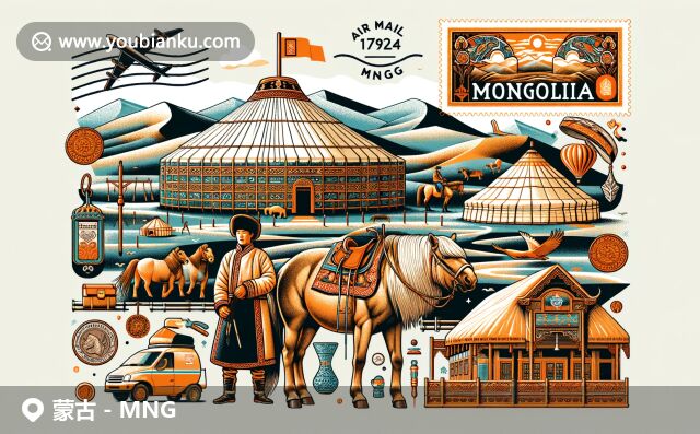蒙古國傳統(tǒng)與郵政元素的完美融合，展示蒙古包、草原、馬頭琴與航空郵件符號