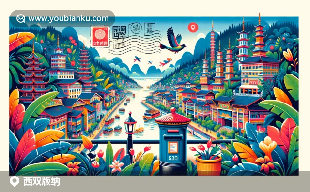 西雙版納熱帶風情與郵政文化完美結(jié)合，展現(xiàn)傣族竹樓、大金塔寺和亞洲象特色