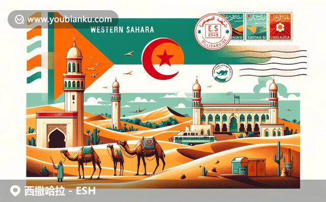 西撒哈拉地域特色與郵政文化的完美融合，沙漠景觀、駱駝與摩洛哥建筑共同展現(xiàn)