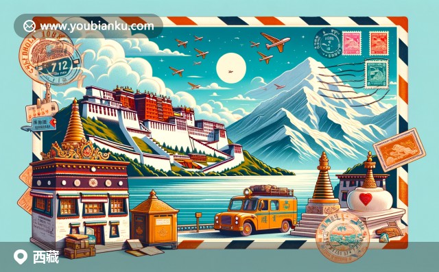 西藏自然與文化盛景：布達(dá)拉宮、岡仁波齊峰和納木錯(cuò)，融合郵政元素