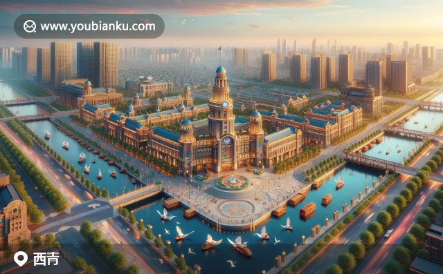 西青區(qū)特色插畫：周恩來紀(jì)念館、古文化街郵票風(fēng)格，配以天津水上公園和300000郵政編碼