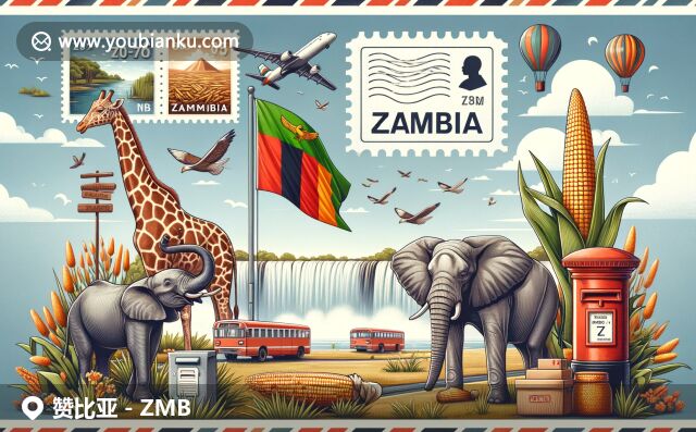 贊比亞地域與郵政完美結(jié)合，展示國旗、維多利亞瀑布、野生動(dòng)物和農(nóng)業(yè)特色，呈現(xiàn)多元文化