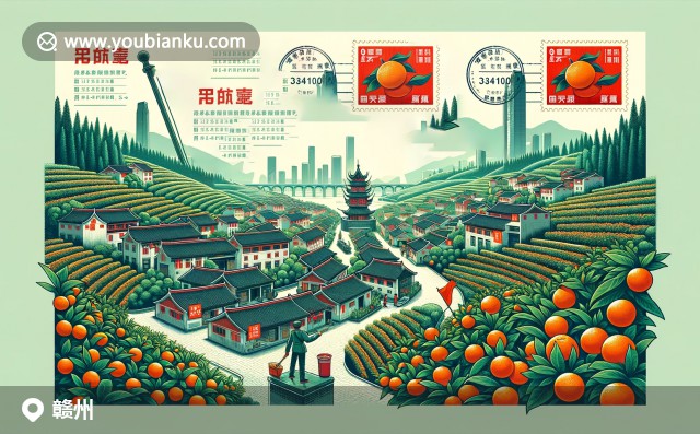 贛州紅色文化、客家文化和自然美景完美融合，展示獨(dú)特建筑與臍橙農(nóng)業(yè)，融入郵政元素