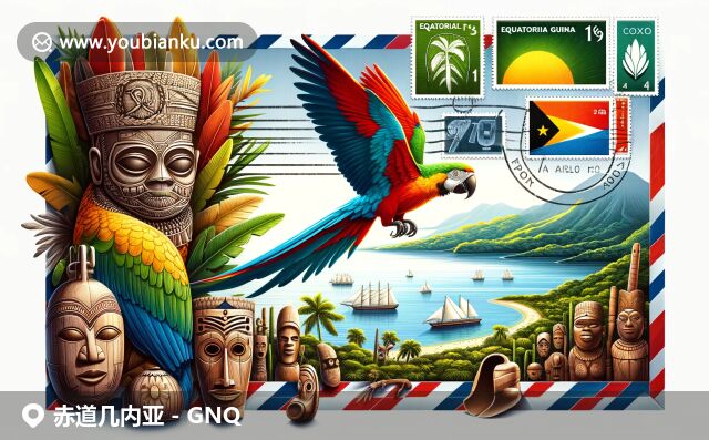 赤道幾內(nèi)亞獨特郵政文化與自然風(fēng)光完美融合，插畫展現(xiàn)國旗、灰鸚鵡等元素