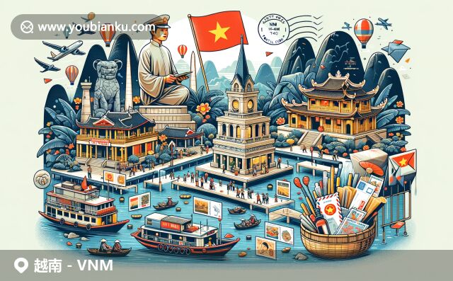 越南地標與文化呈現(xiàn)，展示胡志明紀念堂、下龍灣石灰?guī)r島、會安古建筑、湄公河三角洲水上市場等