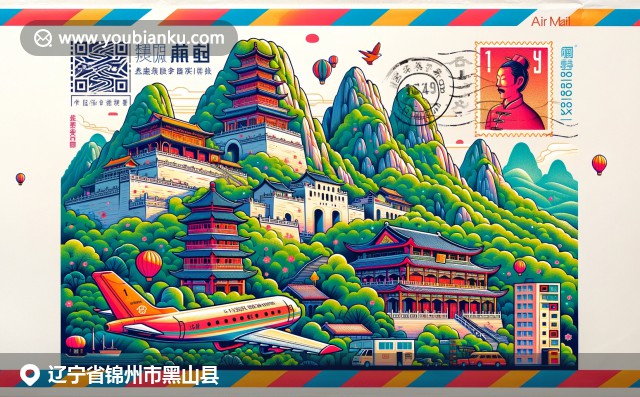 黑山縣美景與文化的融合，展示義烏綠山、呂山豬和廣濟寺，巧妙融入航空郵件信封設(shè)計