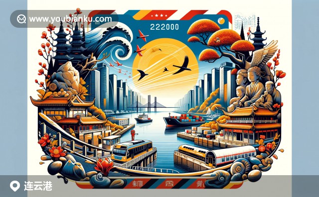 展現(xiàn)連云港郵政文化與老街特色，中國風(fēng)郵票與郵筒，色彩鮮明線條流暢