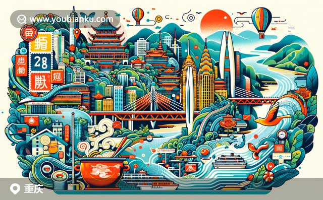 重慶地標(biāo)與郵政文化融合，插畫展現(xiàn)大足石刻、火鍋和解放碑，展示地方特色與當(dāng)代藝術(shù)風(fēng)格