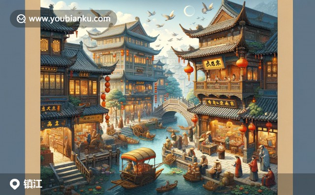 鎮(zhèn)江古街、鍋蓋面和金山寺，與郵政元素交織展現(xiàn)，現(xiàn)代插畫色彩豐富