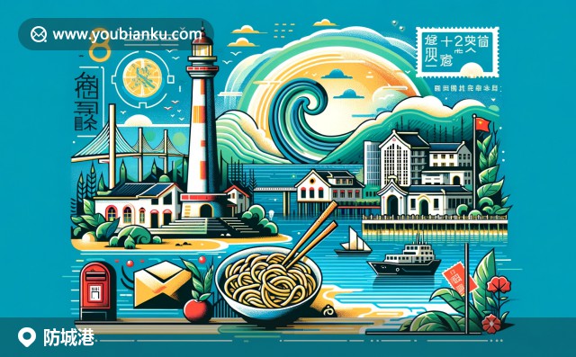 防城港繁忙的港口碼頭與裝飾有中國(guó)郵戳和郵票的航空信封，展現(xiàn)地域特色與郵政文化的完美結(jié)合