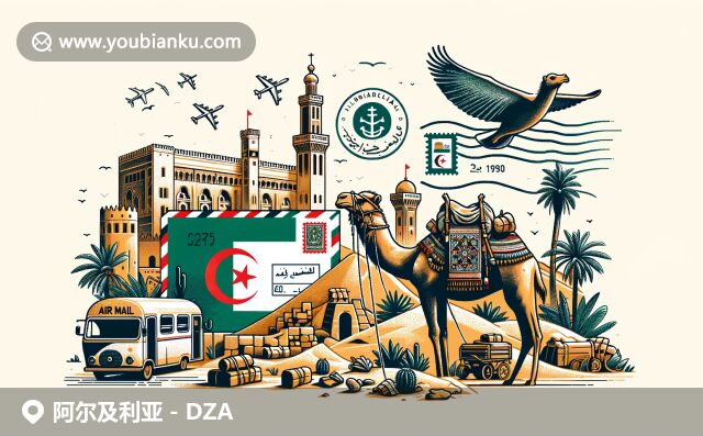 阿爾及利亞郵政頁(yè)面設(shè)計(jì)，展現(xiàn)撒哈拉沙漠、阿爾及爾卡斯巴和駱駝，結(jié)合航空郵件元素