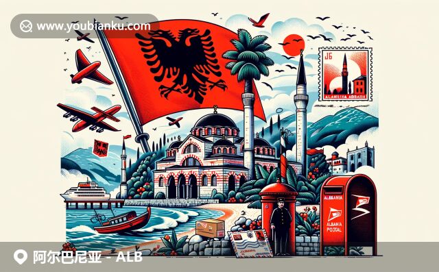 阿爾巴尼亞的紅色國旗、雙頭鷹圖案、埃特海姆貝伊清真寺和美麗的德赫爾米海灘，融入現(xiàn)代設(shè)計(jì)中