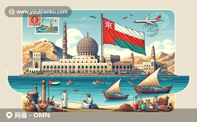 現(xiàn)代創(chuàng)意插畫(huà)，展示阿曼郵政編碼設(shè)計(jì)：國(guó)旗、蘇丹卡布斯大清真寺、傳統(tǒng)汗jar、市場(chǎng)、服飾食品、明信片和郵件信封