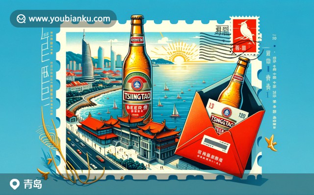 現(xiàn)代青島文化插畫，展示啤酒博物館、海岸風光和郵政元素的完美融合