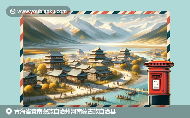 青海湖壯麗景色與藏族建筑，牧羊人和羊群生動(dòng)描繪，融入中國(guó)風(fēng)郵政元素