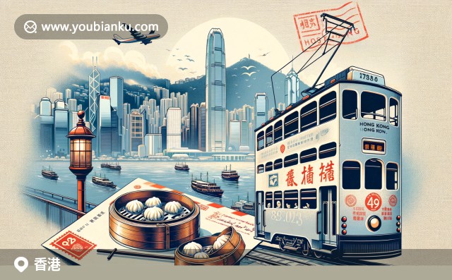 插畫呈現(xiàn)香港太平山頂纜車與維多利亞港天際線，背景現(xiàn)代都市風(fēng)貌