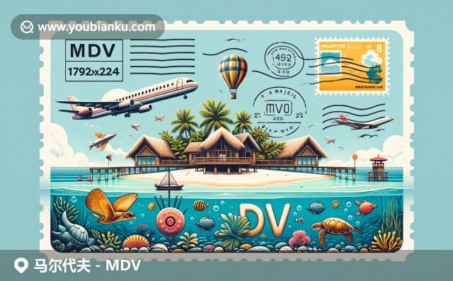 馬爾代夫自然美景與郵政元素的完美結(jié)合，展現(xiàn)熱帶海灘和水上屋，彰顯MDV郵政編碼頁面設(shè)計(jì)