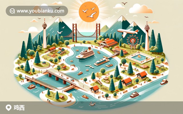 雞西特色明信片，展示興凱湖與地方美食，融入郵政元素