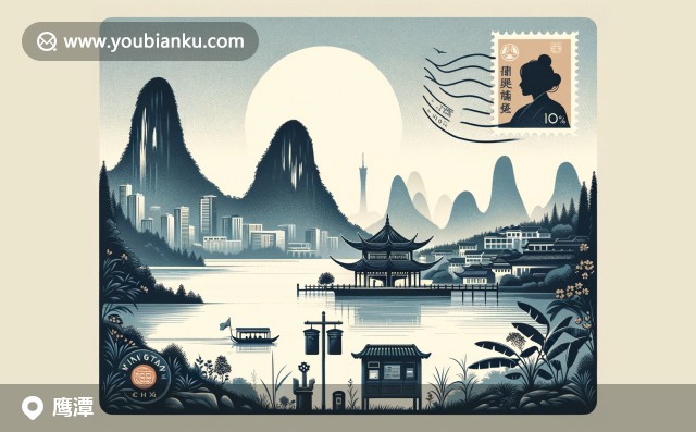 鷹潭自然與文化的完美融合，展現(xiàn)龍虎山輪廓和月亮灣景致，與郵政元素如郵票、郵筒相融